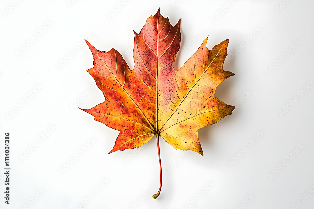 A single maple leaf in its full autumn splendor, isolated on white to highlight the stunning natural colors and the transition of the seasons.