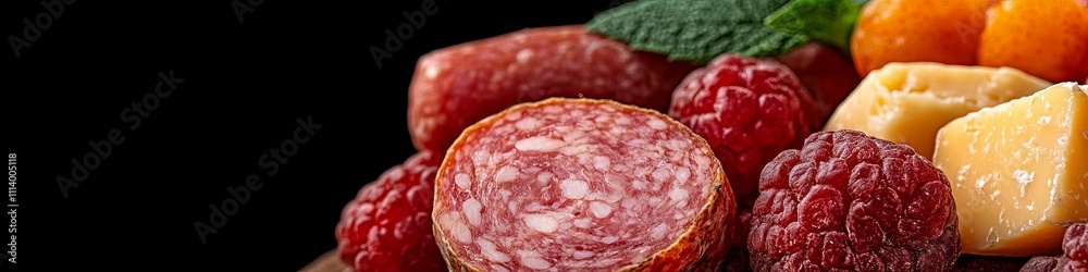 Close-up of a salami slice, raspberries, and cheese. A delicious appetizer or snack. Close-up of a salami slice, raspberries, and cheese. A delicious appetizer or snack.