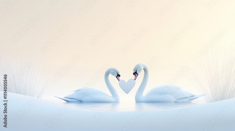 Fototapeta premium Elegant Pair of Swans in Love Gracefully Gliding on Calm Water with Heart Symbol
