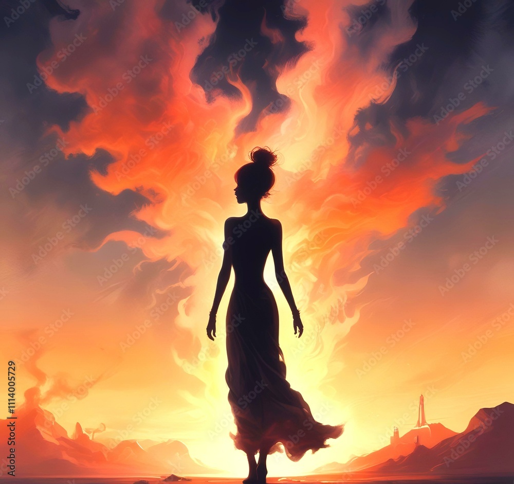 Illustration of woman silhouette with dramatic glowing background. Illustration of woman silhouette with dramatic glowing background.