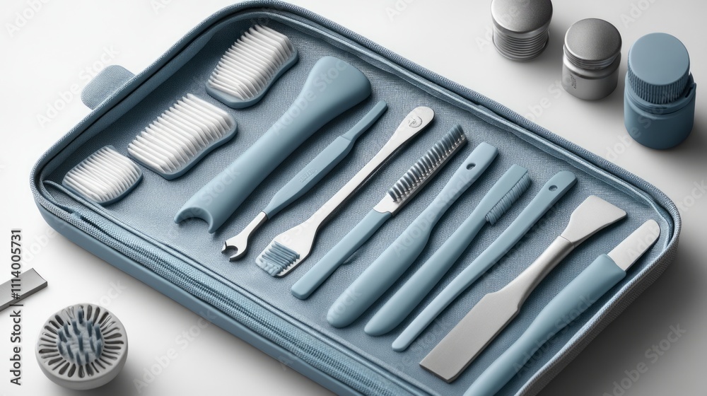 A collection of grooming tools arranged neatly in a blue case for personal care. A collection of grooming tools arranged neatly in a blue case for personal care.