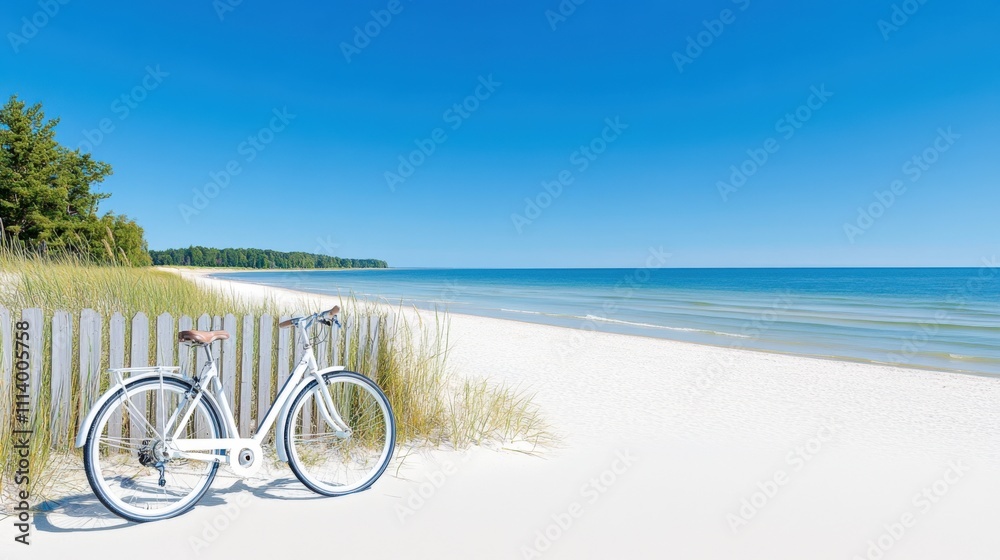 Fototapeta premium Idyllic White Bicycle on Sandy Beach with Clear Blue Sky and Ocean View