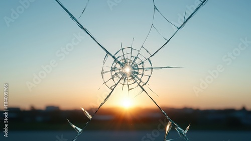 Broken Glass with Cracked Patterns Against Sunset Sky, Capturing the Glare of Sunlight Through Shattered Surface with Vibrant Colors and Soft Focus Background