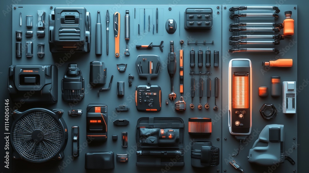 A collection of various tools and gadgets arranged on a wall, showcasing functionality and design. A collection of various tools and gadgets arranged on a wall, showcasing functionality and design.