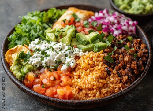 Delicious and vibrant Mexican-inspired burrito bowl brimming with rice, seasoned ground beef, avocado, lettuce, pico de gallo, crema fresca, and tortilla chips.