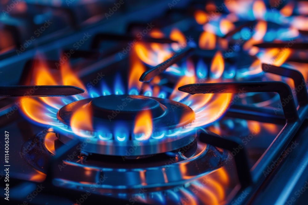 Flames dance on a gas stove, illuminating the kitchen in vibrant hues during evening cooking preparations. Close-up Flames dance on a gas stove, illuminating the kitchen in vibrant hues during evening cooking preparations. Close-up