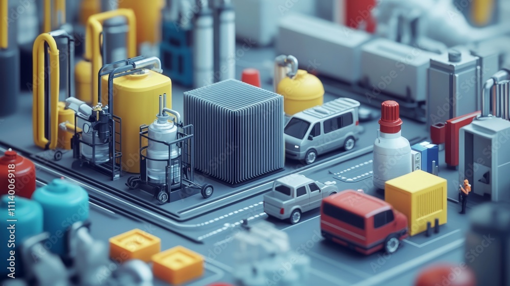A detailed industrial scene with vehicles and storage tanks, depicting a manufacturing environment. A detailed industrial scene with vehicles and storage tanks, depicting a manufacturing environment.