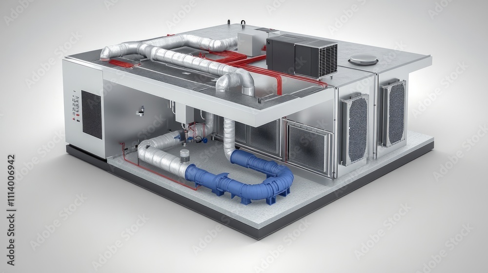 A detailed model of an industrial HVAC system, showcasing pipes and cooling units. A detailed model of an industrial HVAC system, showcasing pipes and cooling units.