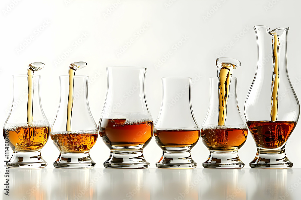 A sophisticated display of whiskey glasses, each filled with a different pour, captured against a white background to celebrate the fine art of whiskey tasting. A sophisticated display of whiskey glasses, each filled with a different pour, captured against a white background to celebrate the fine art of whiskey tasting.