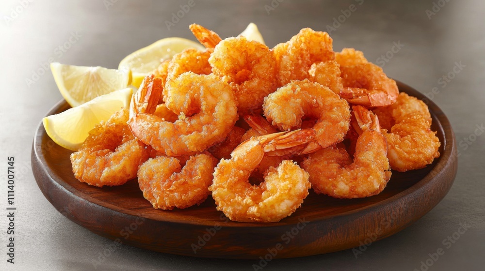 Crispy Golden Fried Shrimp Garnished with Lemon Slices on Plate Crispy Golden Fried Shrimp Garnished with Lemon Slices on Plate