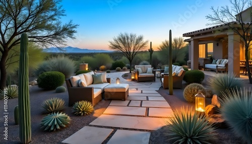 A cozy outdoor patio area with a stone pathway surrounded by various desert plants and cacti. The patio features comfortable wicker furniture, and lanterns.