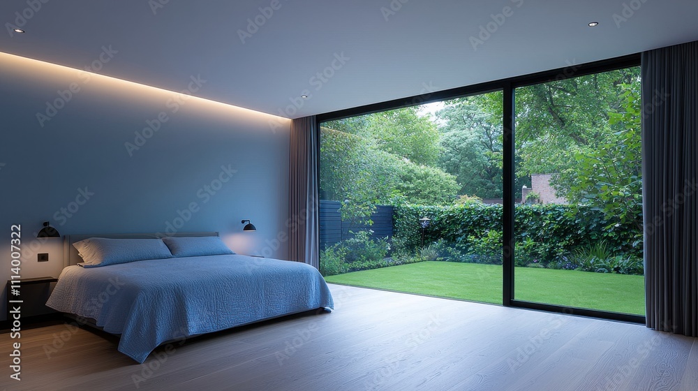 Fototapeta premium Serene Modern Bedroom with Large Windows Overlooking Lush Green Garden and Natural Light Streaming Through the Space