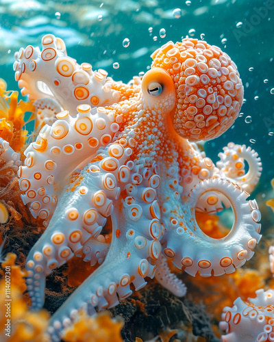 Orange octopus, under the sea, fun illustration of marine life, ocean, nature. 3D render cartoon character design.
