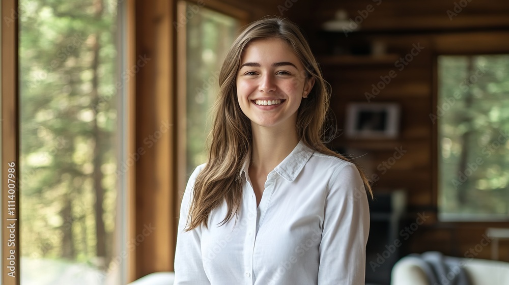 Smiling Woman in a White Shirt, a Warm and Inviting Interior Portrait Smiling Woman in a White Shirt, a Warm and Inviting Interior Portrait