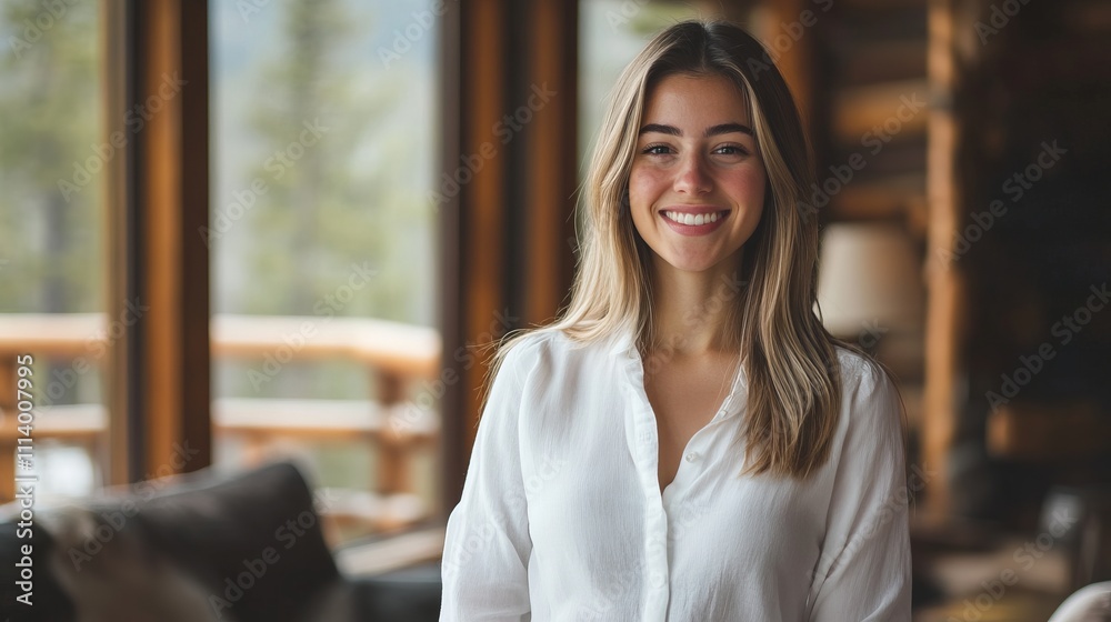 Smiling Woman in a Cozy Cabin - A Portrait of Happiness and Joy Smiling Woman in a Cozy Cabin - A Portrait of Happiness and Joy
