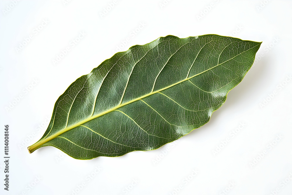 A fresh bay leaf, its vibrant green color contrasting against a white background, ideal for food photography, recipe websites, or cooking-related designs. A fresh bay leaf, its vibrant green color contrasting against a white background, ideal for food photography, recipe websites, or cooking-related designs.