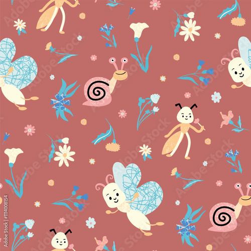 Cute seamless pattern with snails, ants, butterflies