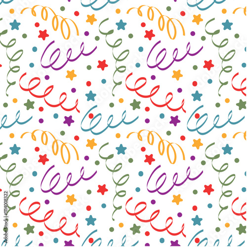 Festive seamless pattern with confetti for birthday. Holiday Repeating background, vector illustration for gift paper, greeting card, decoration.