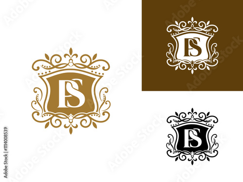 Beautiful luxury letter PS in shield and Abstract Plant. Initial Identity Letter in Gold color Logo vector template