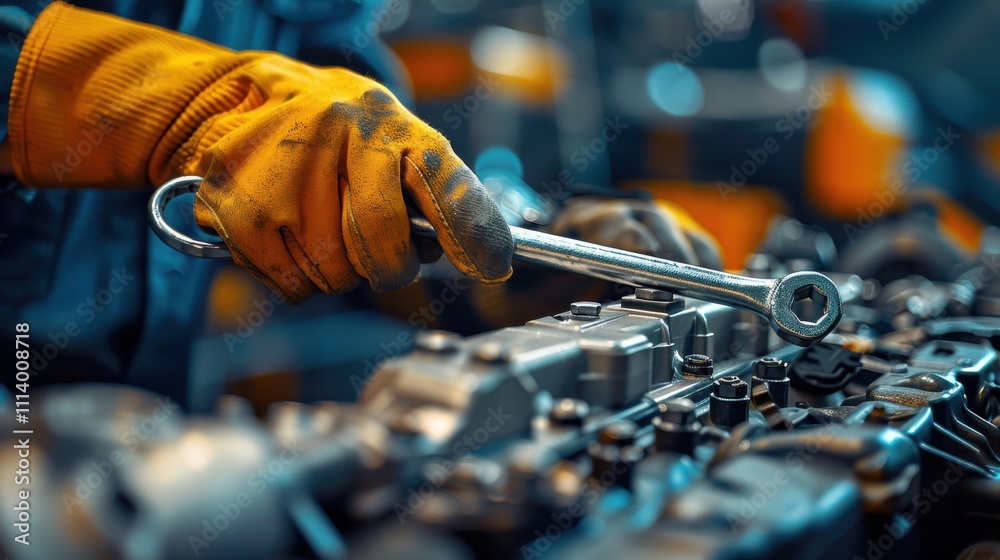 Handsome mechanic focused on a vehicle repair with a ratchet in a well-maintained, clean workshop Handsome mechanic focused on a vehicle repair with a ratchet in a well-maintained, clean workshop