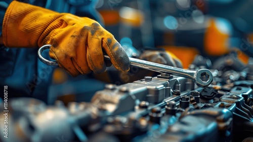 Handsome mechanic focused on a vehicle repair with a ratchet in a well-maintained, clean workshop