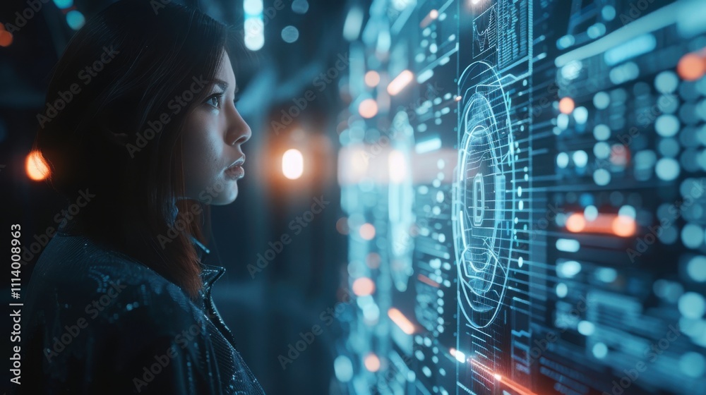 Researcher using AI for data insights, with futuristic data visuals