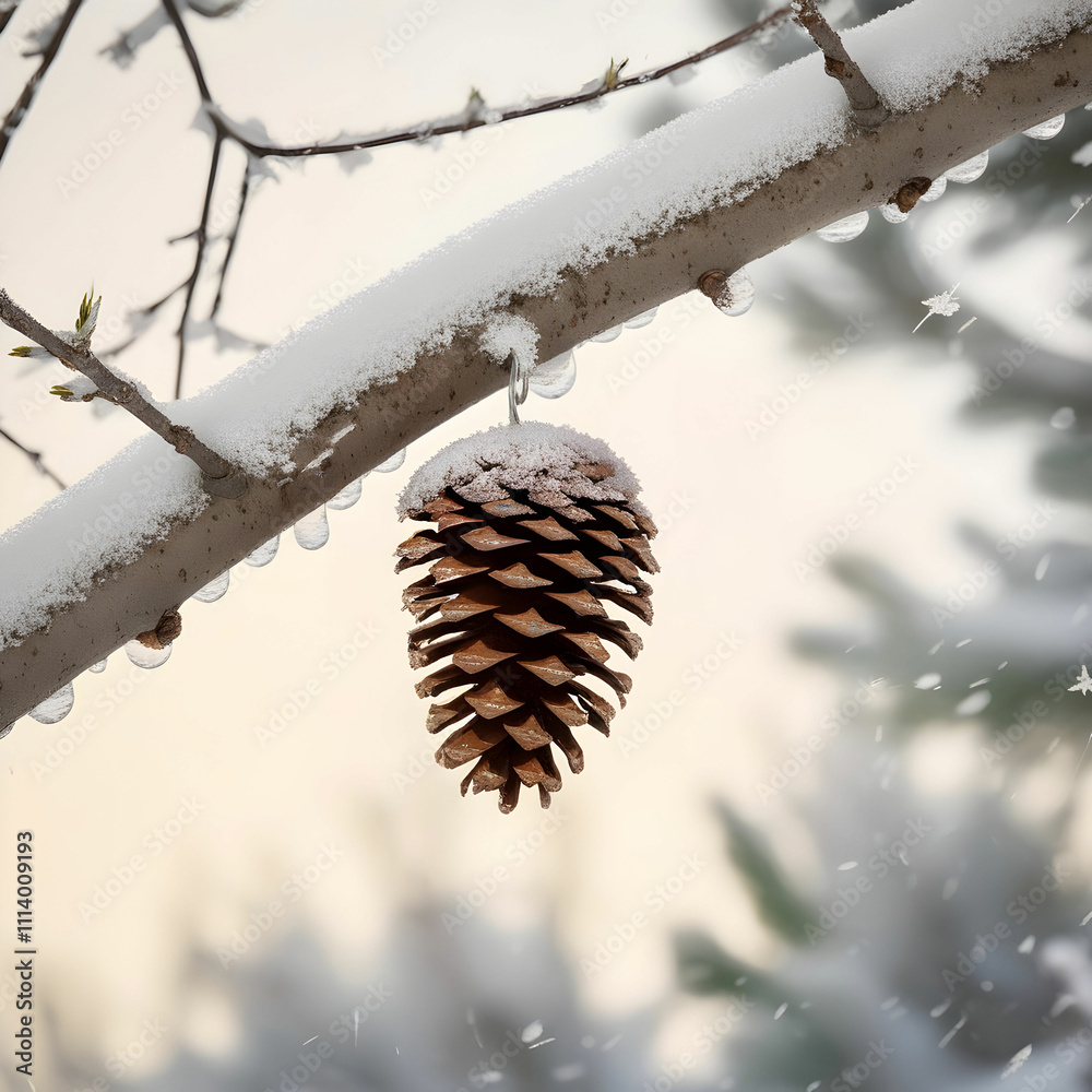 Pinecone hanging from snow-covered branch Pinecone hanging from snow-covered branch