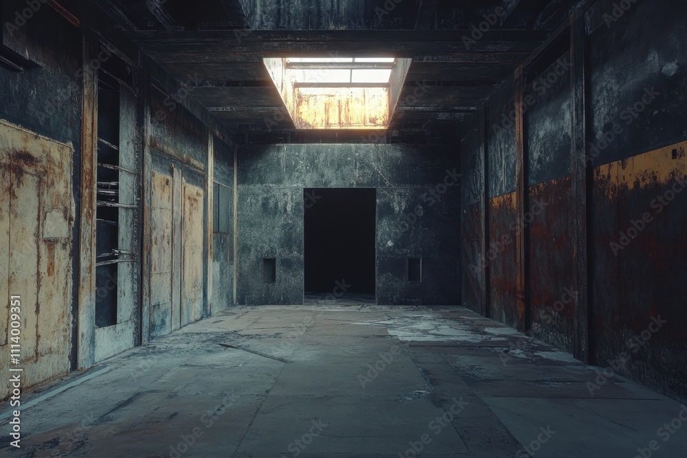 Abandoned industrial room with a skylight illuminating dusty surfaces Abandoned industrial room with a skylight illuminating dusty surfaces