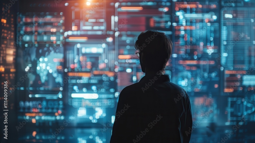 Researcher using AI for data insights, with futuristic data visuals Researcher using AI for data insights, with futuristic data visuals