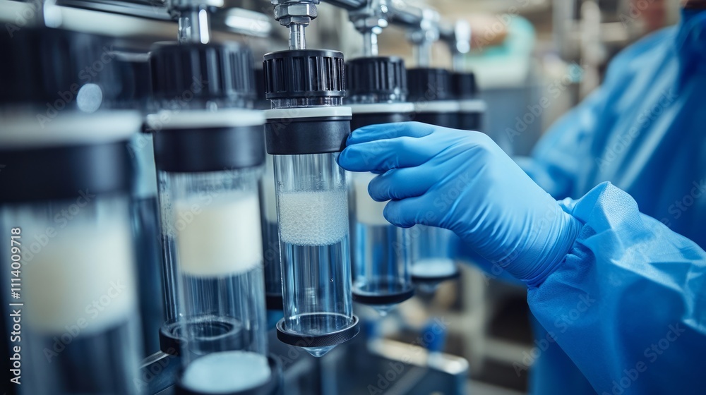 A laboratory technician handling test tubes in a scientific research setting. A laboratory technician handling test tubes in a scientific research setting.