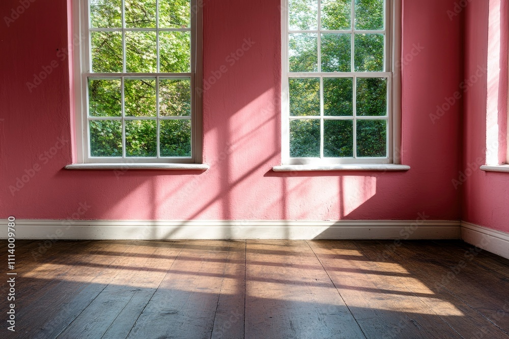 Sunlit Pink Room with Wooden Floor and Large Windows Sunlit Pink Room with Wooden Floor and Large Windows