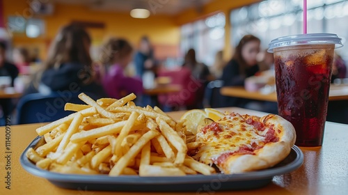 A delectable pizza and fries combo with a refreshing drink. Perfect for a quick and satisfying meal at a casual restaurant. Enjoy a tasty lunch or dinner with friends and family. photo