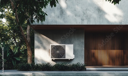 Outdoor air conditioning unit mounted on the exterior wall of a residential building, essential for cooling and climate control in urban living.