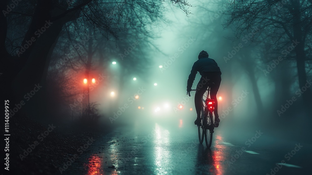 Fototapeta premium A cyclist rides through a foggy street illuminated by distant lights.