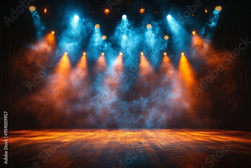 Dramatic Stage Lighting with Smoky Atmosphere and Wooden Floor