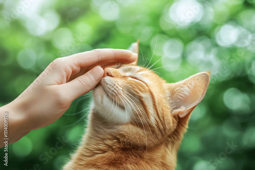 A contented orange tabby cat being gently petted by a human hand, showing a calm and affectionate connection with a blurred green background