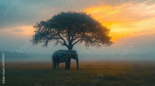  Elephant walking through the African savanna at sunset.