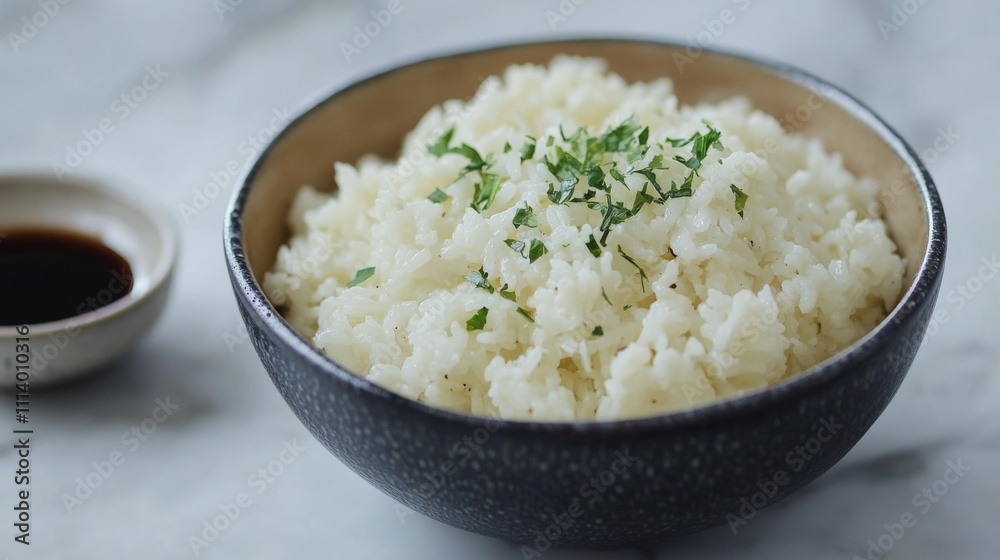 Cooked white rice garnished with fresh herbs in a dark bowl Cooked white rice garnished with fresh herbs in a dark bowl