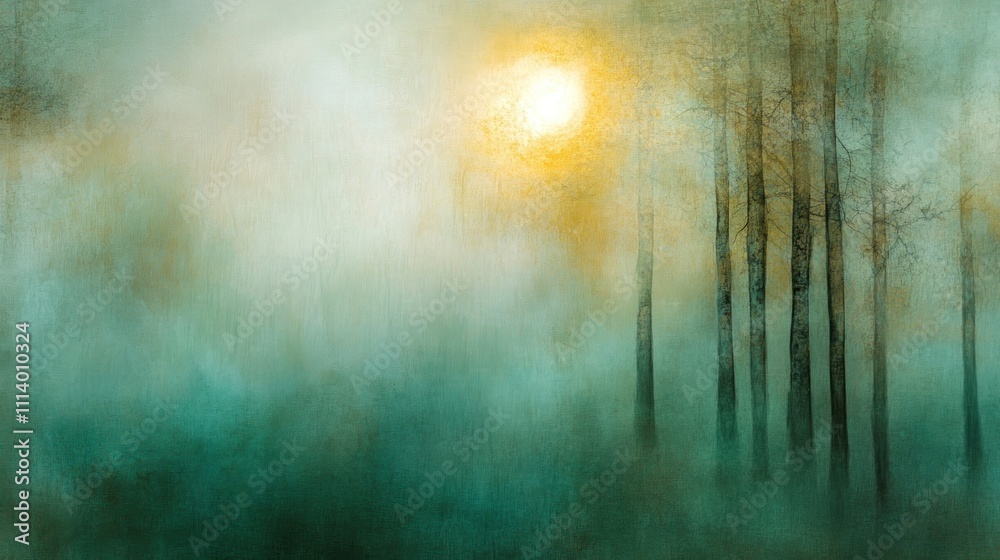 Sunlit Foggy Forest Trees in Serene Landscape Sunlit Foggy Forest Trees in Serene Landscape