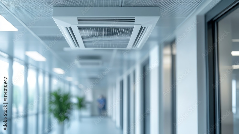 Obraz premium A modern office corridor with an air conditioning unit and large windows.