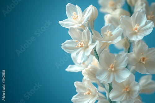 Delicate white blossoms against a teal background photo