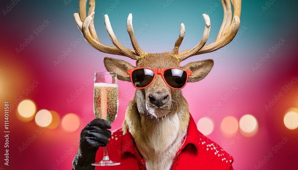 Fototapeta premium A whimsical and festive reindeer wearing stylish sunglasses holds a glass of champagne, exuding holiday cheer and cool vibes. With its antlers decorated and a jolly expression, this playful scene capt