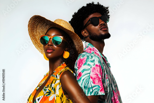 A trendy black couple in stylish summer outfits, their attire vibrant and colorful, isolated on a white background, perfect for use in fashion visuals, summer promotions, or lifestyle branding.