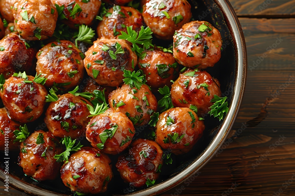 Savory Glazed Meatballs with Fresh Herbs in Rustic Dish for Gourmet Dining and Culinary Presentation Savory Glazed Meatballs with Fresh Herbs in Rustic Dish for Gourmet Dining and Culinary Presentation