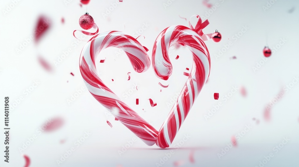 Two candy canes forming a heart shape, adorned with vibrant red ribbons and small festive ornaments. Set on a clean white background Two candy canes forming a heart shape, adorned with vibrant red ribbons and small festive ornaments. Set on a clean white background
