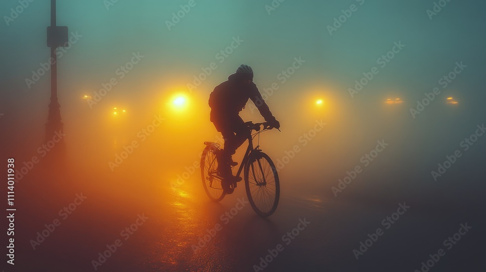 Obraz premium A cyclist rides through a foggy street illuminated by soft, warm lights.
