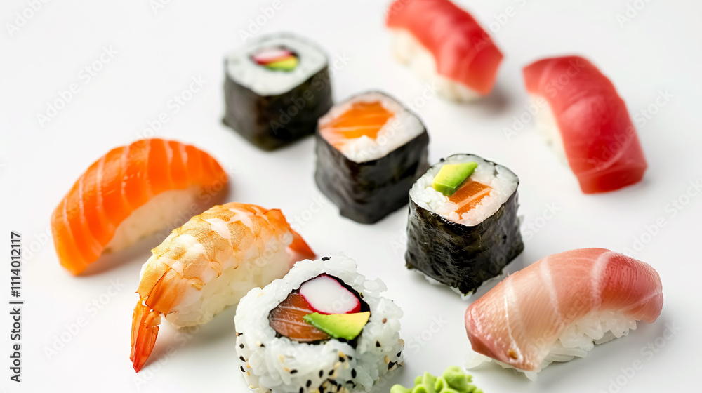 Sushi: Assorted sushi rolls and nigiri on a white background. Sushi: Assorted sushi rolls and nigiri on a white background.