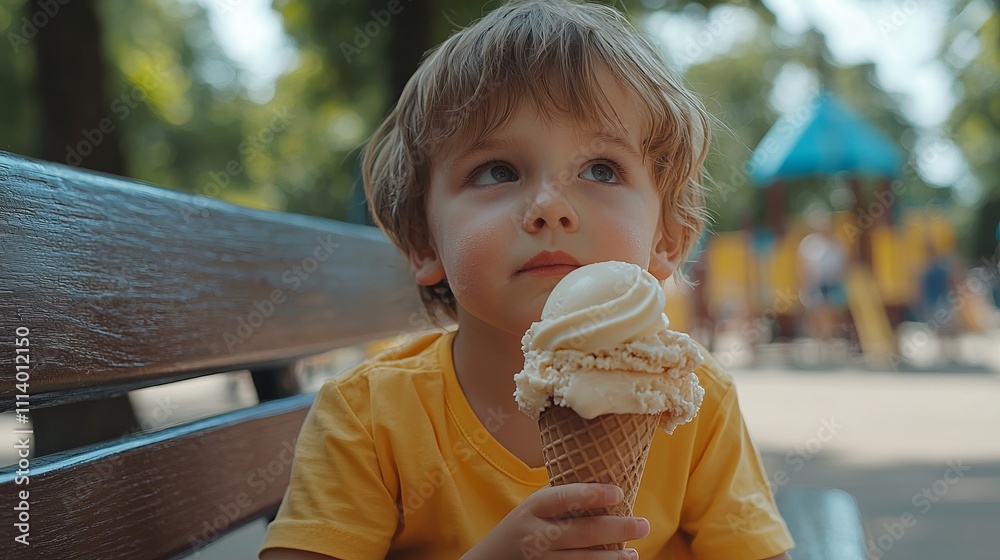 Adorable Child Enjoying a Delicious Ice Cream Cone in a Park Adorable Child Enjoying a Delicious Ice Cream Cone in a Park