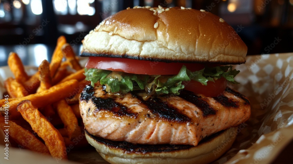 Grilled Salmon Burger with Lettuce and Tomato Served with Fries Grilled Salmon Burger with Lettuce and Tomato Served with Fries