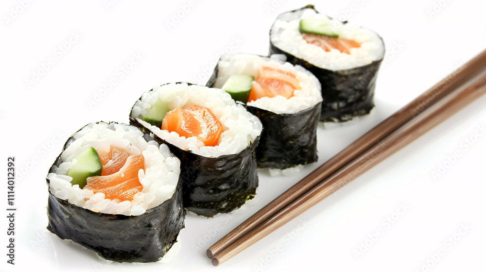 Sushi: Assorted sushi rolls and nigiri on a white background. Sushi: Assorted sushi rolls and nigiri on a white background.